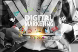 Stock photo business holding a smart phone with digital marketing text on black and white background business 436465768
